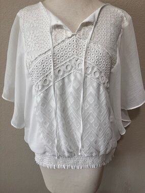 AB Studio White Lace & Crochet Peasant Blouse